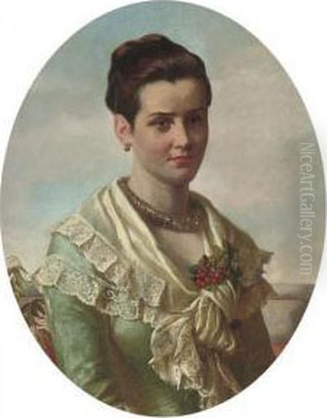 Portrait Of A Young Lady, 
Bust-length, In A Blue Dress And A White Lace Shawl Decorated With 
Berries Oil Painting by William Maw Egley