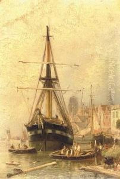 A Busy Day In The Harbour Of Dordrecht Oil Painting by Willem Hendrik Eickelberg