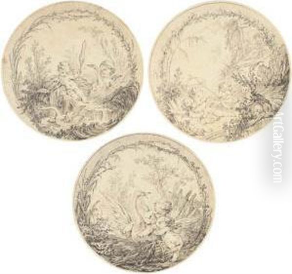 Two Putti Playing With Two Swans
 By A Fountain; Four Putti With Afishing Net By A Fountain; And Two 
Putti Riding On A Swan In Alandscape Oil Painting by Charles Dom. Joseph Eisen