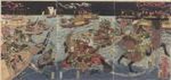 Gempei Yashima Kassen No Zu Oil Painting by Keisai Eisen