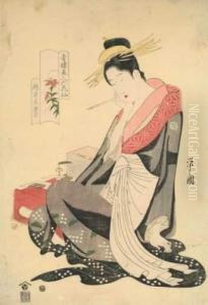 La Courtisane Morokoshi De La 
Maison Echizenya Assise Tenant Un Pinceau Et Composant Un Poeme. Oil Painting by Chobunsai Eishi