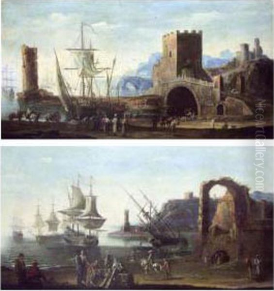 Marchand Et Pecheurs Dans Un 
Port Mediterraneen - L'embarquement Dans Un Port Mediterraneen. Oil Painting by Johann Eismann
