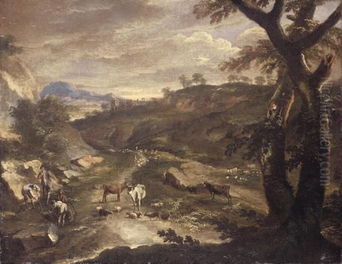 Italian Landscape With Drovers And Their Animals Beside A Road Oil Painting by Johann Eismann