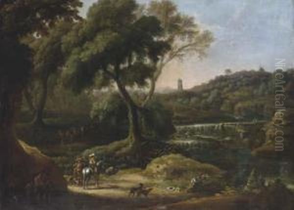 An Extensive Landscape With A Waterfall And Figures Shooting With Dogs And Horses Oil Painting by Johann Eismann