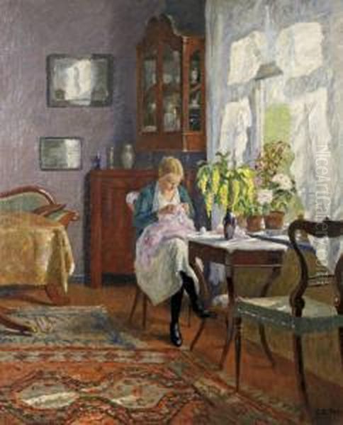 Madchen Bei Der Handarbeit Im Sonnigen Stubeninterieur Oil Painting by Ernst Wilhelm H. Eitner