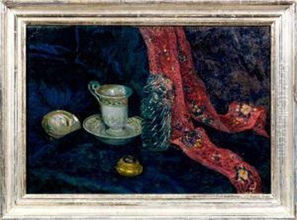 Stilleben Mit Rotemband Oil Painting by Ernst Wilhelm H. Eitner