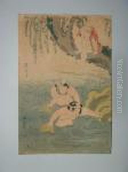 Trois Garcons Jouent Dans Une Riviere Oil Painting by Kikukawa Eizan