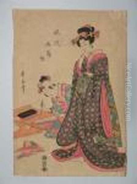 Une Jeune Fille Prepare Des Poemes Pour La Fete De Tanabata Oil Painting by Kikukawa Eizan