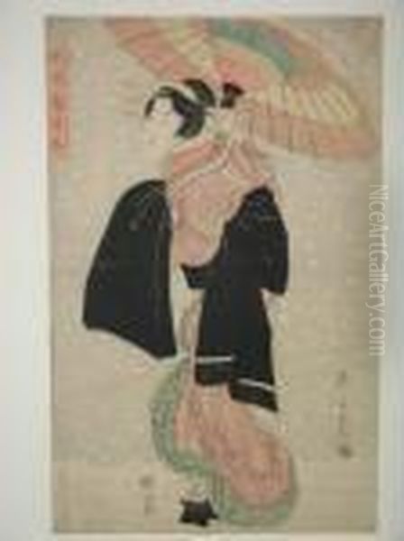 Une Jeune Femme Avec Un Parapluie Sous La Neige Oil Painting by Kikukawa Eizan