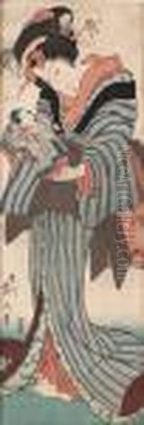 Beauties And Child Treasures In Play Oil Painting by Kikukawa Eizan