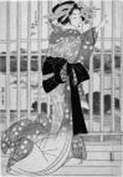 Oban
. Linkes Blatt Eines Triptychons. Die Kurtisane Meizan Aus Dem Haus 
Chojiya Steht Auf Einer Veranda Mit Einem Hohen Holzgitter. Im 
Hintergrund Der Flus Sumida. Bez.: Eizan Hitsu. Verlag: Izumiya Ichibei.
 1813.
 Cf. Eiko Kondo, Il Mondo Di Eiz Oil Painting by Kikukawa Eizan
