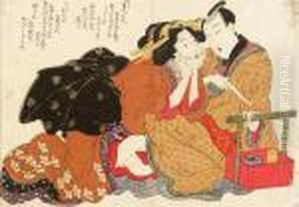 Set Of Ten Erotic Prints, 
Unsigned--good Impressions, Very Goodcolor, Some Slightly Stained Or 
Soiled Near Corners, Some With Afew Minor Worm Holes Restored, Vertical 
Center Fold Oil Painting by Kikukawa Eizan