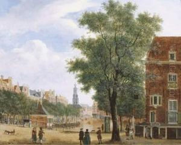 The Singel And The Munttoren, Amsterdam, Seen From The Koningsplein Oil Painting by Jan ten Compe