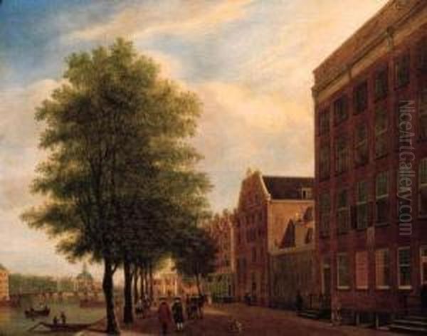 A View Of The Prins Hendrikkade, Amsterdam, With The Muiderpoort Inthe Distance Oil Painting by Jan ten Compe