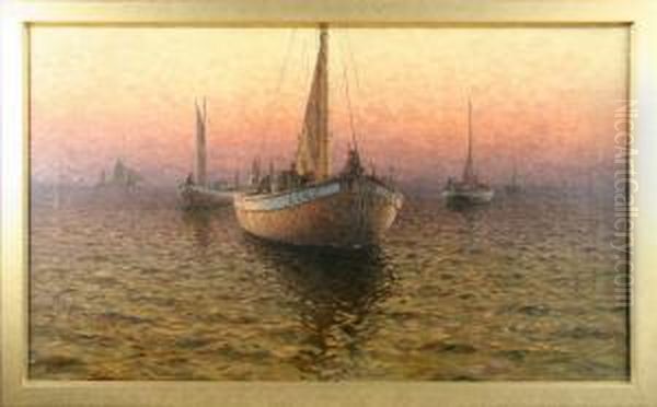 Fiskebatar,signerad Oil Painting by Emil Ekman