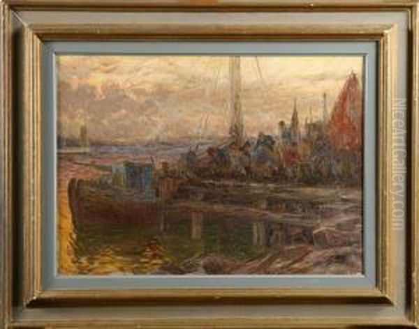 Brygga Med Fiskebat Oil Painting by Emil Ekman