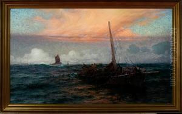 Fishermen Draw The Nets On Board Their Boats Outside Skagen In The Early Morning Oil Painting by Emil Ekman