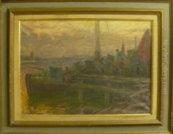 Figurer I Bat Vid Brygga. Oil Painting by Emil Ekman