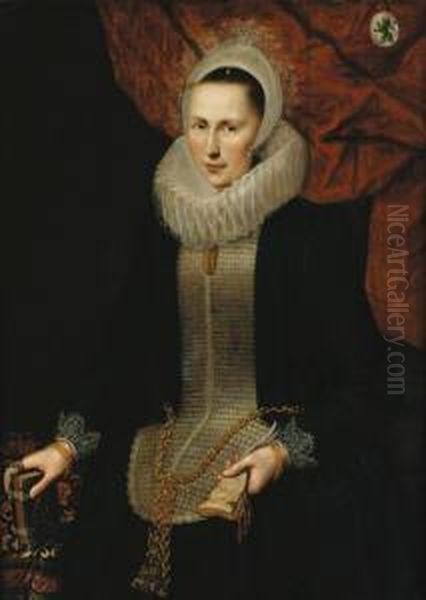 Portrait Of A Lady, 
Three-quarter-length, In A Black Dress With Anembroidered Stomacher And A
 Ruff, Holding A Book And A Glove At Atable Oil Painting by Nicolaes (Pickenoy) Eliasz