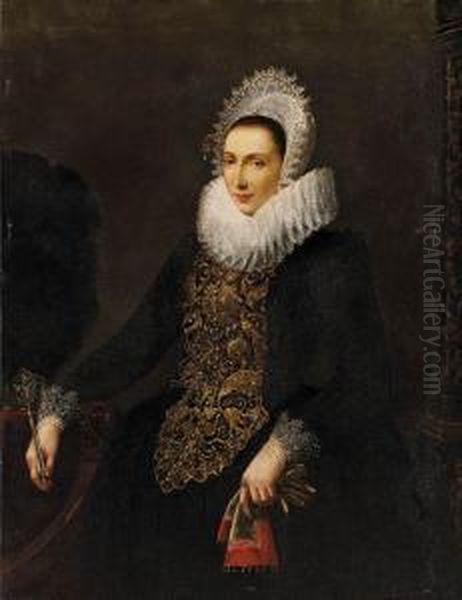 Portrait Of A Lady, Standing 
Three-quarter Length, Beside A Table,wearing A Gold-embroidered Dress 
With A Wheel-ruff Collar Andholding An Ostrich Feather Fan And A Pair Of
 Gloves Oil Painting by Nicolaes (Pickenoy) Eliasz