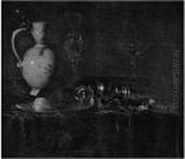 A Wan-li Kraak Porcelain Jug, A 
Facon De Venise, A Wine Glass, An Overturned Pewter Tankard And Fruit On
 A Pewter Plate, All On A Draped Table Oil Painting by Ottmar The Elder Elliger