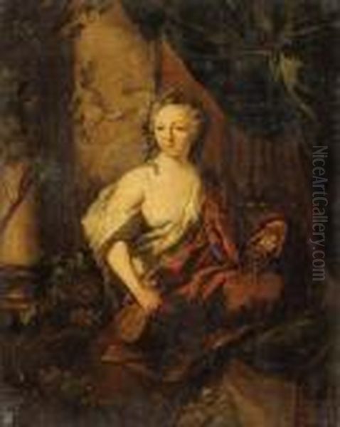 A Woman, En Deshabill, Holding A
 Carafe And A Goblet, Sitting On Apartially Draped Balcony Oil Painting by Ottmar, the Younger Elliger