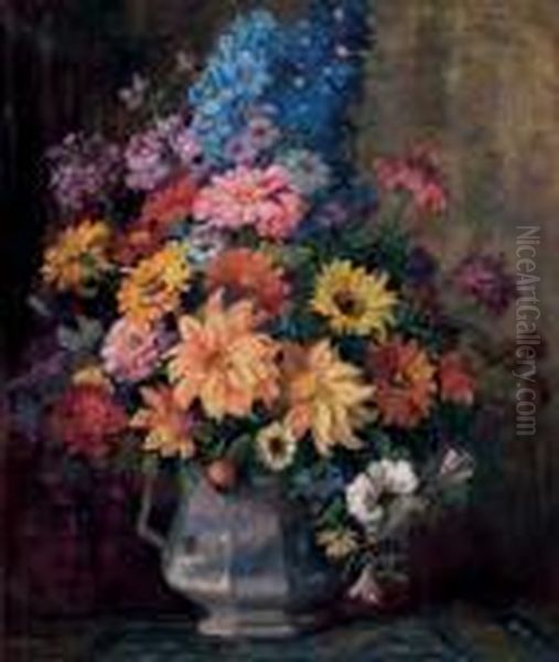 Mixed Floral Bouquet With Hyacinths And Zinias. Oil Painting by Emily Louise Orr Elliott