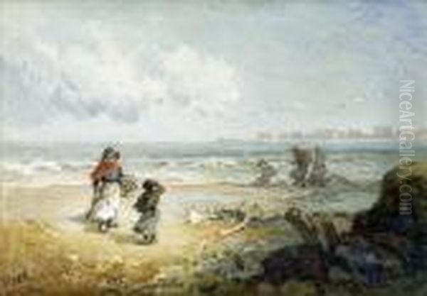 Homeward Bound, Figures On A 
Lane By A Cottage In A Wooded Summerlandscape; A Blustery Day, Cockle 
Gatherers On A Windswept Beach Oil Painting by Paul H. Ellis