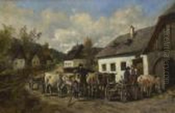 Begegnung Auf Der
 Dorfstrase. Oil Painting by Ignaz Ellminger