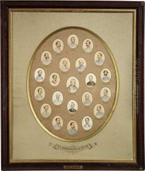 K.k. Austrian Generals Of The 
Years 1848-1849. 22 Portrait Miniatures In Pencil And Watercolour, 
Mounted Into An Oval Cardboard Frame And There Inscribed Oil Painting by Johann Nepomuk Ender