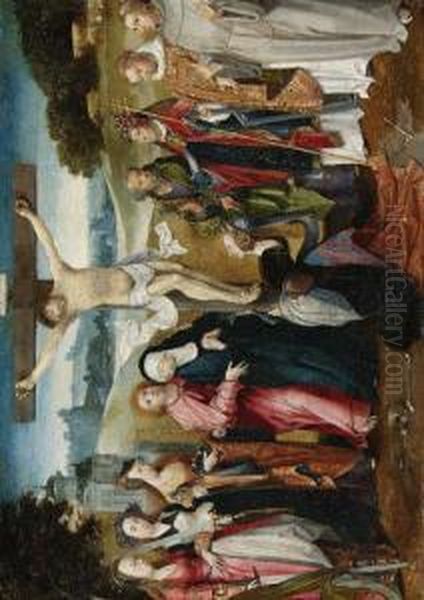 The Crucifixion With Saints 
Peter, Gregory, Lawrence And Francis Ofassisi, The Madonna Supported By 
Saint John The Evangelist, Saintsbarbara, Catherine Of Alexandria And 
Another Saint, With Saint Marymagdalen At The Foot Of The Cross Oil Painting by Cornelis Engebrechtsz