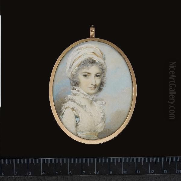 Miss Scott, Wearing White Dress 
With Frilled Collar And Shoulder Caps, Double-sided Pale Peach And Pale 
Blue Ribbon Around Her Waist And Shoulder, Double Frilled Standing 
Collar And Turban Striped With Matching Ribbon. Oil Painting by George Engleheart