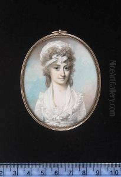 A Young Lady, Wearing White 
Dress With Lace Trim, Fichu With Frilled Edge And White Turban Tied At 
The Front In A Bow In Her Powdered Banging Chignon. Oil Painting by George Engleheart