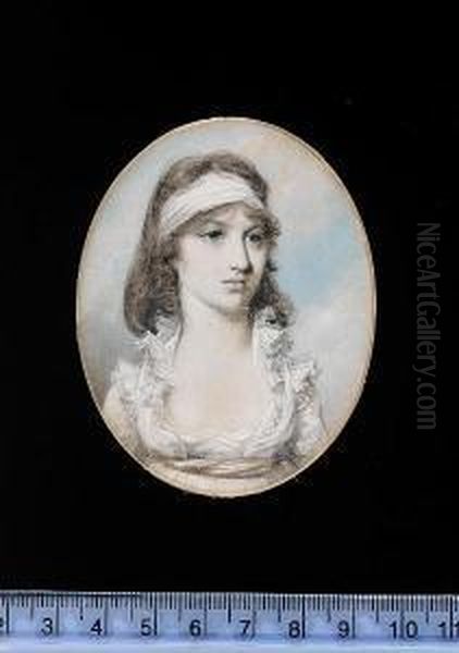 A Young Lady, Wearing Decollete 
White Dress With Peach Waistsash, White Bandeau, Her Hair Powdered And 
Worn In A Chignon. Oil Painting by George Engleheart