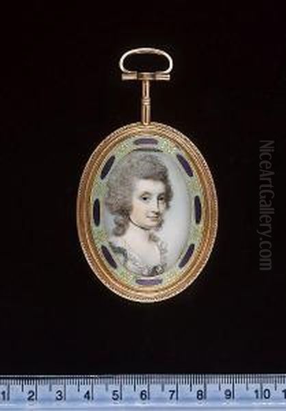 A Lady, Wearing White Dress And Black Ribbon Choker, Her Hair Powdered. Oil Painting by George Engleheart