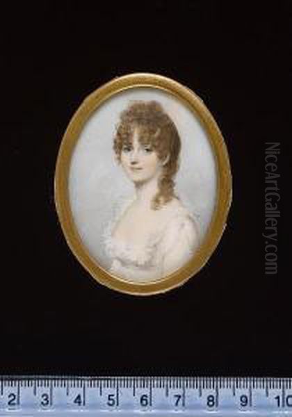 A Lady, Wearing Decollete White 
Dress With Frilled Collar And Ruched Sleeve To Reveal Lace, Her Hair 
Curled And Falling Over Her Left Shoulder. Oil Painting by George Engleheart