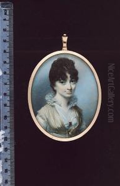 Eliza Scott (nee Jervis), 
Wearing White Dress With High Lace Collar, Held At Her Corsage With A 
Jewelled Brooch, Pale Yellow Shawl Around Her Shoulders, A Pearl Comb In
 Her Upswept Dark Brown Hair, Gold Hoop Earrings Oil Painting by George Engleheart