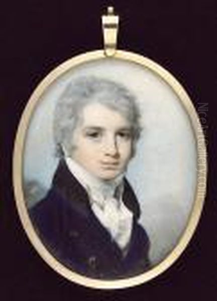 A Gentleman, Wearing Blue Coat 
With Black Collar, Cream Waistcoat And Tied White Stock, His Hair 
Powdered Oil Painting by George Engleheart
