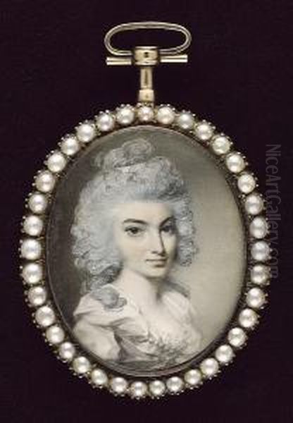 A Lady, Wearing White Dress With
 Strand Of Pearls Across Her Chest, A White Ribbon In Her Powdered Hair Oil Painting by George Engleheart