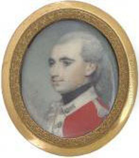 A Young Officer, Possibly 
Cavalry, In Scarlet Coat With Whitefacings, Silver Wing, His Powdered 
Hair En Queue Oil Painting by George Engleheart