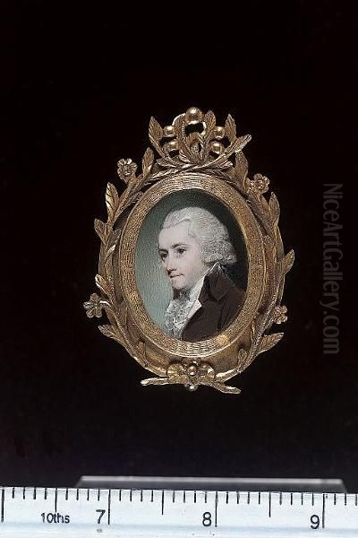 A Gentleman, Wearing Brown Coat,
 White Waistcoat And Frilled Cravat, His Powdered And Worn Oil Painting by George Engleheart