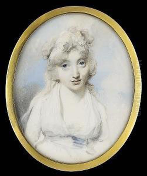 A Lady, Wearing Decollete White 
Dress And Open Fichu Tucked Into A Pale Blue Waistband, A Yellow-edged 
Frilled White Bandeau In Her Hair And Long Ribbon Trailing Over Her 
Right Shoulder Oil Painting by George Engleheart