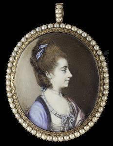 A Lady, In Profile To The Right,
 Wearing White Dress With Striped Pale Blue Ribbon Trim Tied In A Bow At
 Her Corsage, Blue Robe Trimmed With Black Fur, Pink Shawl Over Her Left
 Shoulder, Double Strand Pearl Necklace Tied With White Edged Blue 
Ribb Oil Painting by George Engleheart