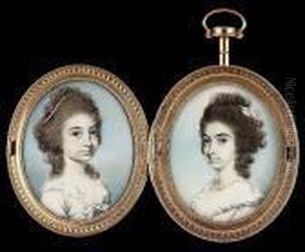A Double Portrait Of Ladies, 
Probably Sisters, Facing Each Other: One, Wearing White Dress With 
Frilled Trim And Ribbon Bow, Strand Of Pearls And Gauze In Her Curled 
Hair; The Other, Wearing Decollete White Dress With Frilled Collar, 
Pearl Necklac Oil Painting by George Engleheart