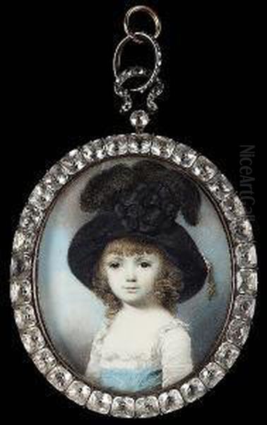 A Child, Wearing Low-cut White 
Dress With Frilled Trim And Wide Pale Blue Sash. Large Black Hat Adorned
 With Satin Rosette, Ostrich Feathers And Gold Tassle Oil Painting by George Engleheart