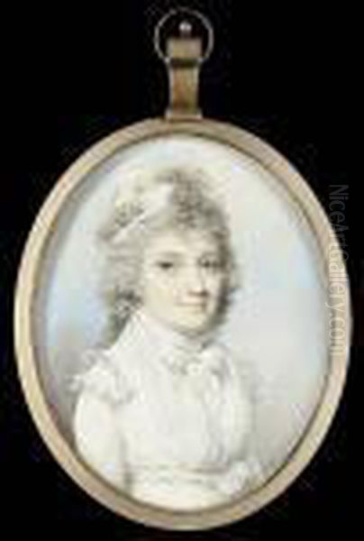 A Lady, Wearing White Dress, 
With Tied Ribbon Waistband And Frilled Shoulder Caps, White Fichu, Tied 
Cravat And Bandeau In Her Long Curled And Powdered Hair Oil Painting by George Engleheart