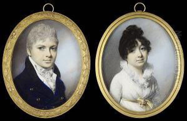 A Pair Of Portraits Of Mr And 
Mrs Flint: He, Wearing Blue Coat With Black Velvet Collar, White 
Waistcoat, Tied Stock And Frilled Cravat; She, Wearng White Dress With 
Frilled Collar And Yellow Ribbon Waistband Tied In A Bow At The Front Oil Painting by George Engleheart