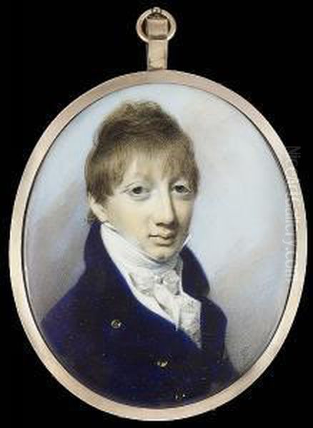 A Young Gentleman, Wearing Dark 
Blue Coat, White Waistcoat, Tied Stock And Frilled Cravat Oil Painting by George Engleheart