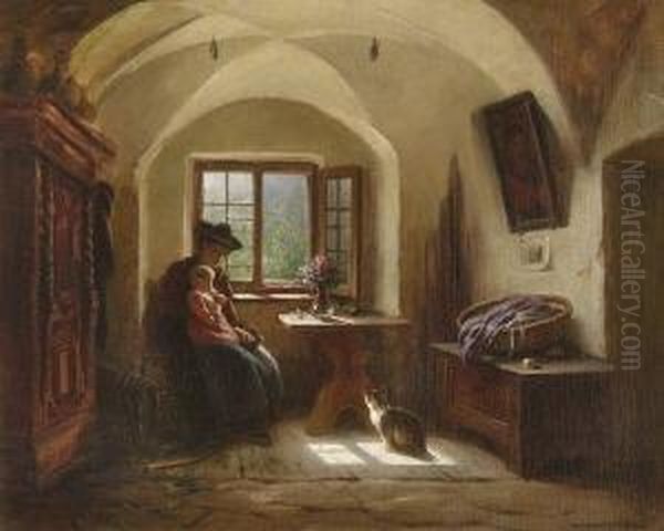 Mutter Mit Kind Am
 Fenster Oil Painting by Rudolf Epp
