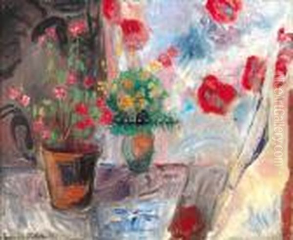 Interior, Rodt, Blomster Draperi Oil Painting by Thorvald Erichsen